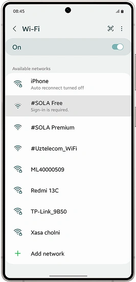 Выбрать сеть #SOLA Free на своем устройстве