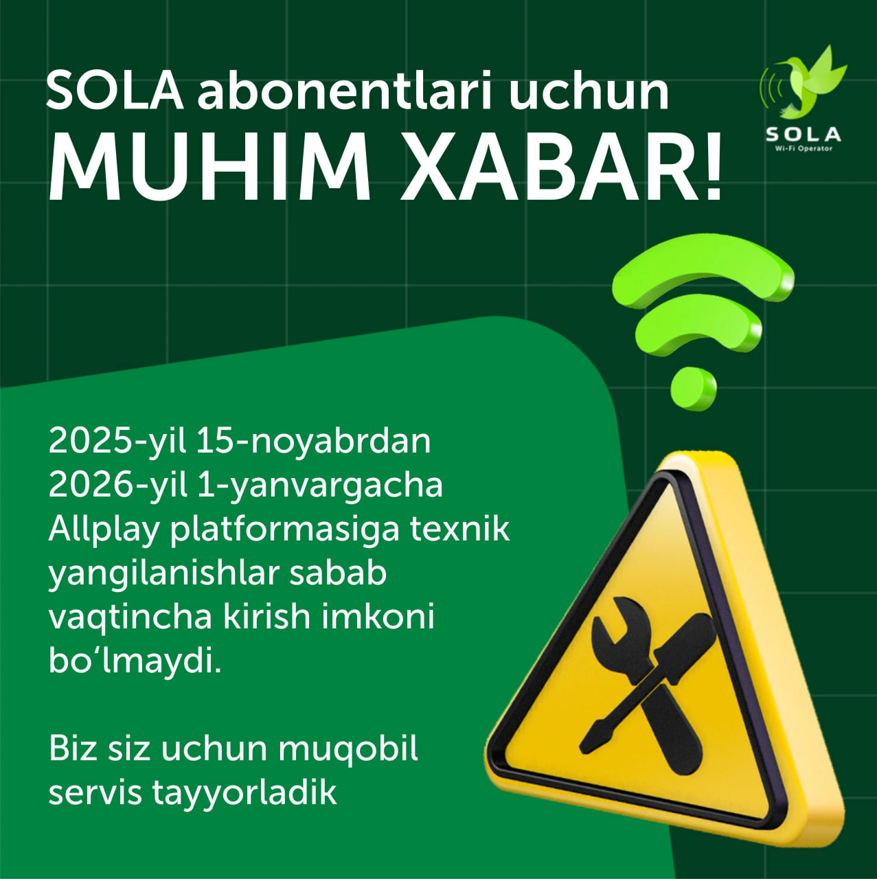 SOLA abonentlari uchun muhim ma’lumot